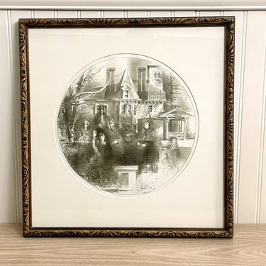 Ghostly vintage etching of Victorian house and inhabitants - framed art 