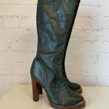 Vintage 1970s green leather knee high platform boots size 8 stacked heel boho 