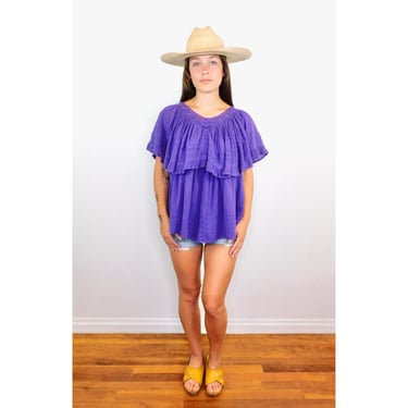 Mexican Gauze Blouse // vintage 70s purple crochet dress tunic boho hippie hippy 1970s cotton angel sleeves // O/S 