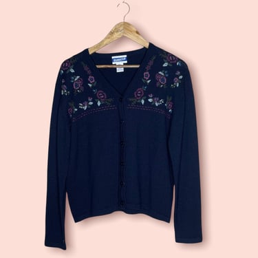 Vintage Pendleton Navy Blue Embroidered Flowers Floral Cardigan Wool Blend Sweater, Size M 