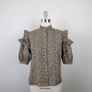 vintage 1970s calico cotton floral blouse top, puff sleeve, ruffle sleeve, high neck, size medium 
