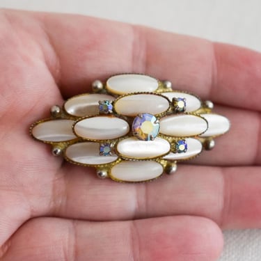 Vintage Cream Cabochon and Rhinestone Brooch 