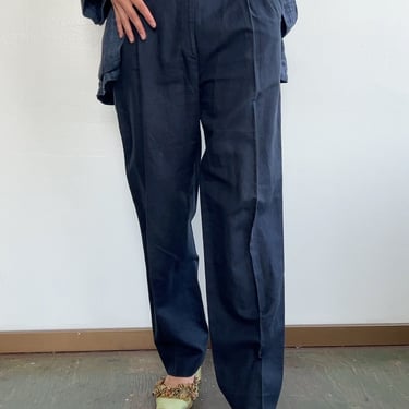 Vintage Navy Linen Pleated Trousers (M)