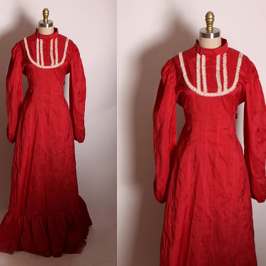 1970s Dark Red and White Lace Trim Long Sleeve Victorian Style Full Length Dress -XL 