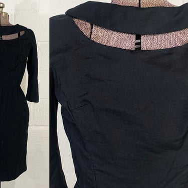 Vintage Black Dress Wiggle 1950s 1960s Half Sleeves Sleeve Party Cocktail New Year's Goth Vamp Sheath Small XS 