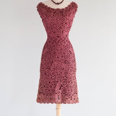 Gorgeous 1960's Italian Raffia Crochet Cocktail Dress in Barolo Red / S