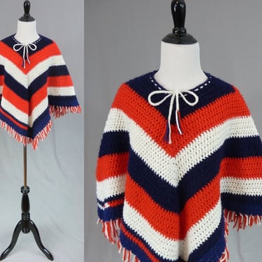 Girls 70s Knit Poncho - Red White Blue American Bicentennial - Fringe Trim - Vintage 1970s 