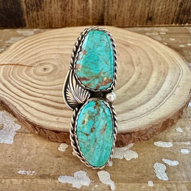 LARGE DOUBLE DECKER Turquoise and Sterling Silver Statement Ring | J hallmark | Navajo, Native American Jewelry Southwestern | Size 7 3/4 