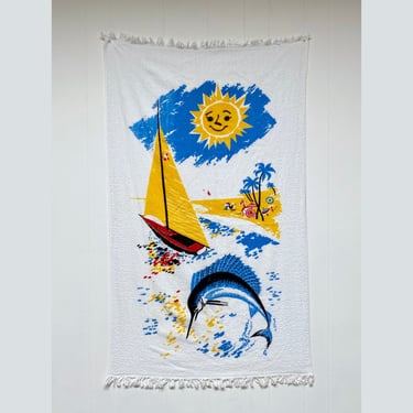 Vintage 1960s Cannon Beach Towel, MCM Fun in Sun & Water - Swordfish, Sailboat, Beach, Smiling Sun, Cotton Terrycloth 58