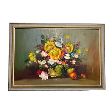 FRAMED Still Life Oil Painting Bright Flowers ARTWORK Wall Hanging, c. 1960 