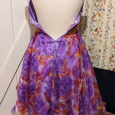 Vintage 80s Prom Party Dress Purple with Orange Flowers and Sequins 