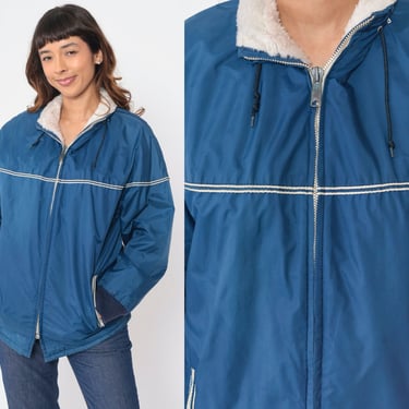70s Ski Jacket Blue Faux Fur Lined Coat Winter Puffer Jacket Puffy Coat 1970s Zip Up Retro White Striped Vintage Medium 