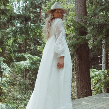 60's Boho Long Sleeve Wedding Dress, XS Small Bohemian White Lace + Pearl Poet Sleeve Wedding Dress 
