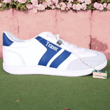 1970s unisex TRAX sneakers deadstock vintage lace-up vinyl shoes quintessential to the era affordable tennis shoes white/blue (M 7.5/W 9) 