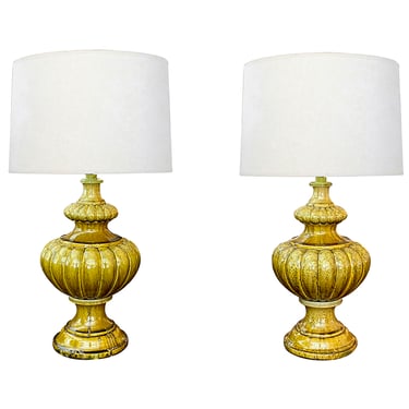 A Large Pair of 1960s Baluster-form Lobed Chartreuse Drip-Glazed Lamps