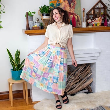 Vintage 1990s Pastel Floral Midi Skirt - Elastic Waist Boho Skirt with Original Tags - L/XL 