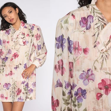 Floral Mini Dress 70s ASCOT Necktie Plus Size Top Boho Bohemian Shift 80s Long Sleeve Blouse Vintage Minidress xxl 2xl 2x 