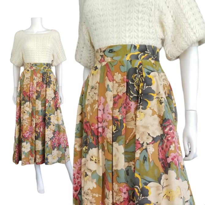 Vintage Neutral Floral Skirt, Medium / Pleated Silk Walking Skirt / Earth Tone Botanical Print Skirt / Irish Made Market Skirt with Pockets 