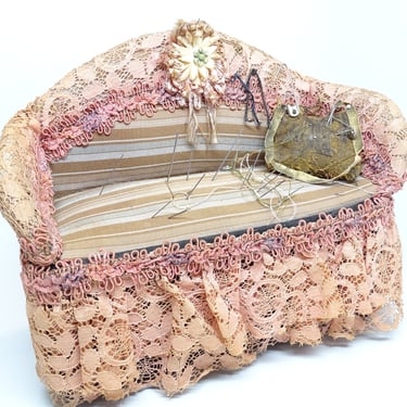 Antique 1930's Sofa Sewing Box, Vintage Pin Cushion with Needles,  Buttons, Thimble, Thread & Spool 