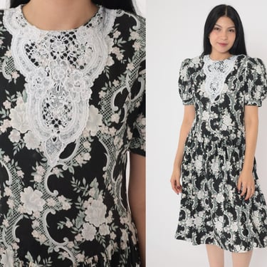 Floral Lace Dress 80s Gunne Sax Dress Prairie Cottagecore Midi Puff Sleeve Lace Basque Waist Boho Vintage Black White Youth 12, Women's xs 