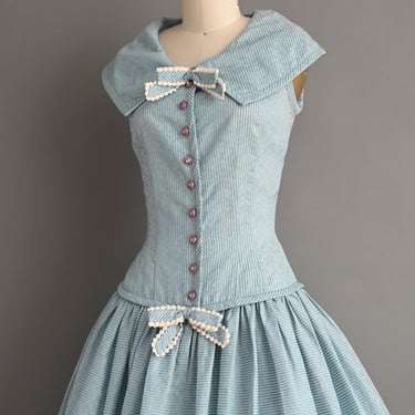 Vintage 1950s Dress | Blue Pinstripe Cotton Sweeping Full Skirt Summer Dress | Small Medium 