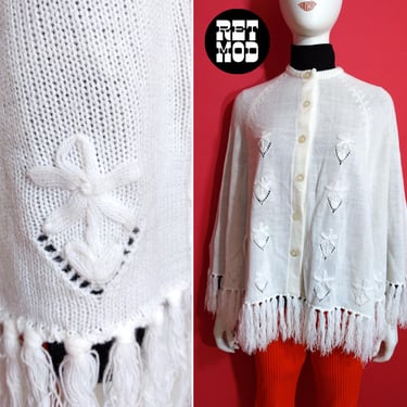 Cute Vintage 60s 70s White Sweater Poncho with Embroidered Flowers and Fringe 