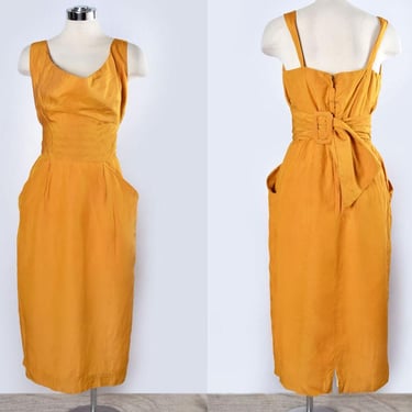 1950's Alfred Shaheen Gold Silk Dress, Hawaiian, DRAPED, SHELF BUST, Vintage Wiggle Dress, Yellow Fit & Flare 