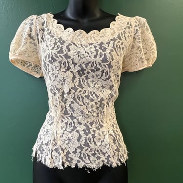 1950s ivory lace blouse vintage Dorothy Korby sheer lacy floral dress top medium 
