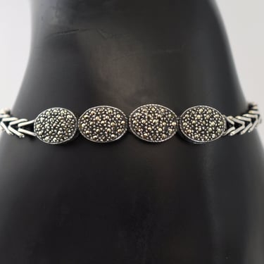 40's Art Deco sterling marcasite ovals chevron chain bracelet, edgy CP 925 silver pyrite geometric clasp bracelet 