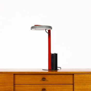 Vintage Memphis Designer Desk Lamp by Ron Rezek / Artemide – Black + Charcoal Grey w/ Red Detail 