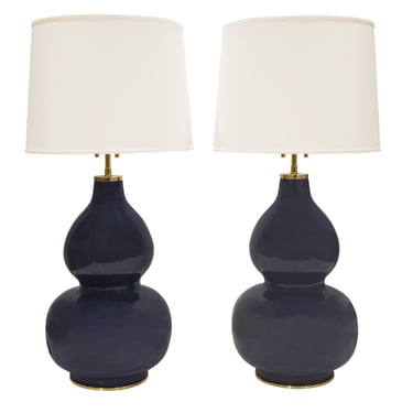 Karl Springer Pair of "Mandarin Table Lamps" in Deep Blue Glaze  1980s