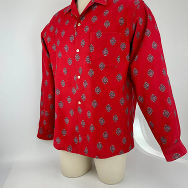 1950's Vivid Red Patterned Shirt - BRENT LABEL - Regal Pattern in Teal Blue & Black - All Cotton  - Patch Pocket - Men's Size Large 