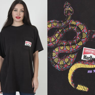 Marlboro Unlimited Snake Pass T Shirt / Black Cotton Cigarette Pocket Tee / Vintage 90s Smoking Mens XL 