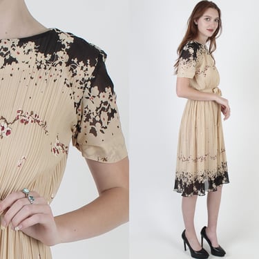 Cherry Blossom Print Dress / Vintage 70s Thin Poly Floral Dress / Nude Beige Flower Lightweight Flowy Secretary Pleated Mini Dress 