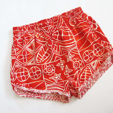 Vintage 60s Bark Cloth Swim Shorts XS S - 1960s Red White Tropical Floral Elastic High Waist Unisex Hawaiian Print Shorts - Rockabilly 