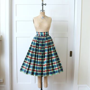 vintage 1950s full cut cotton skirt • colorful gingham & floral wide waistband twirl skirt 