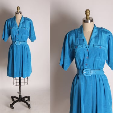 1980s Blue Swishy Polyester Short Sleeve Button Up Bodice Belted Dress by Leslie Fay Petite -L 