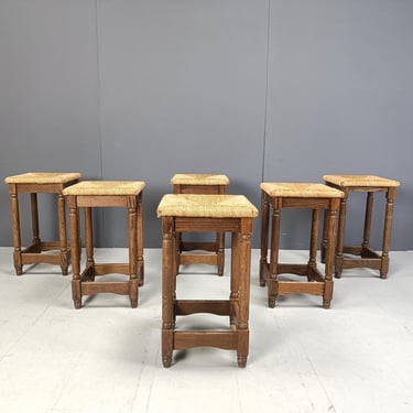 Vintage wicker bar stools - set of 6, 1960s - vintage wooden bar stools - brutalist stools - wicker bar stools - vintage bar stools 