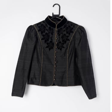 Womens vintage silk jacket with floral velvet appliqué detailing New Romance military-esque Windsmoor   - Extra Small / Small 