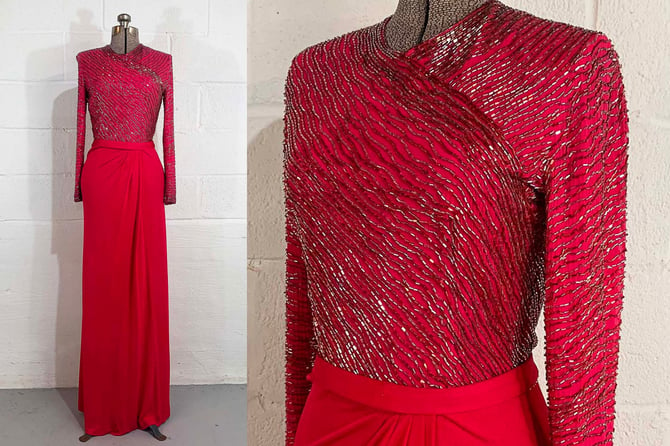 Vintage 60s Fuchsia Beaded Full Length Gown Victoria Royal British Crown Pink Long Sleeve Maxi Hostess Formal Glam Dress XS Small 1960s 