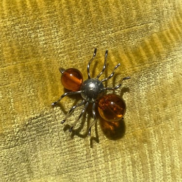 Vintage Sterling Silver Amber Insect Pin, Small Ant/Spider/Bug Brooch, Polished Amber Beads, Cute Jacket Pin, 925 Accessories, 28mm 