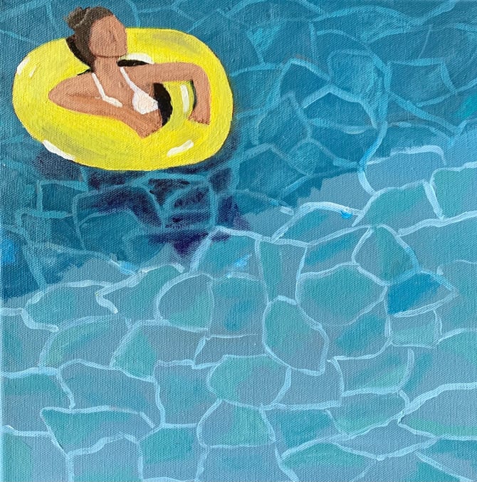 Woman floating in a raft, pool art, summer painting, swimming pool art, vacation art, hand painted original art, 