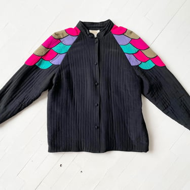 1980s Black Silk Jacket with Scalloped Color-block Sleeves 