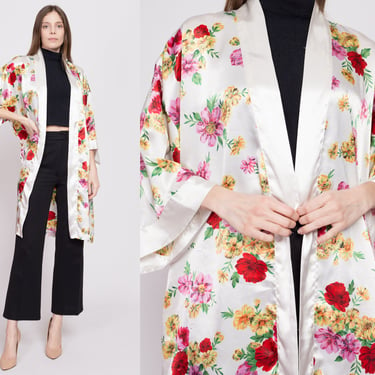 90s Floral Satin Robe - One Size | Vintage Victoria's Secret Boho Loungewear Kimono 