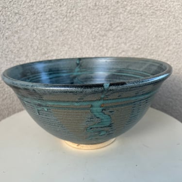 Vintage Studio Pottery art large stoneware bowl blue gray green glaze tones signed size 6” x 12” 