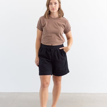 Vintage 30 31 Waist Black Cotton Shorts | Button Fly | High Rise Workwear | Pleats Chino | S065 