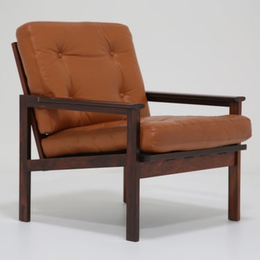 Vintage Danish Tan Leather and Rosewood Armchair “Capella” by Illum Wikkelso, 1950s.