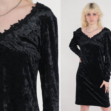 Black Velvet Dress 90s Party Dress V Neck Lace Long Sleeve Mini Sheath Cocktail Vintage Gothic Witch Minidress Goth Going Out Large 12 