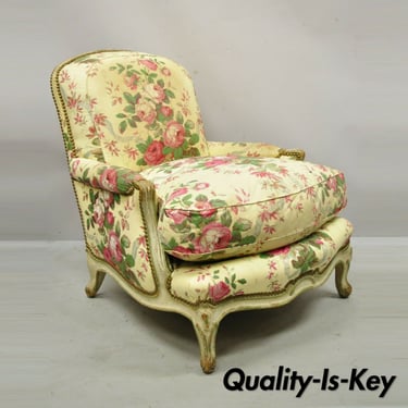 French Provincial Louis XV Cream Painted Bergere Club Chair attr. Maison Jansen