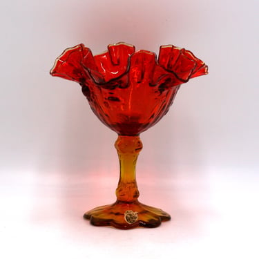 vintage Fenton Cabbage Rose Amberina Compote with Ruffled Edge 